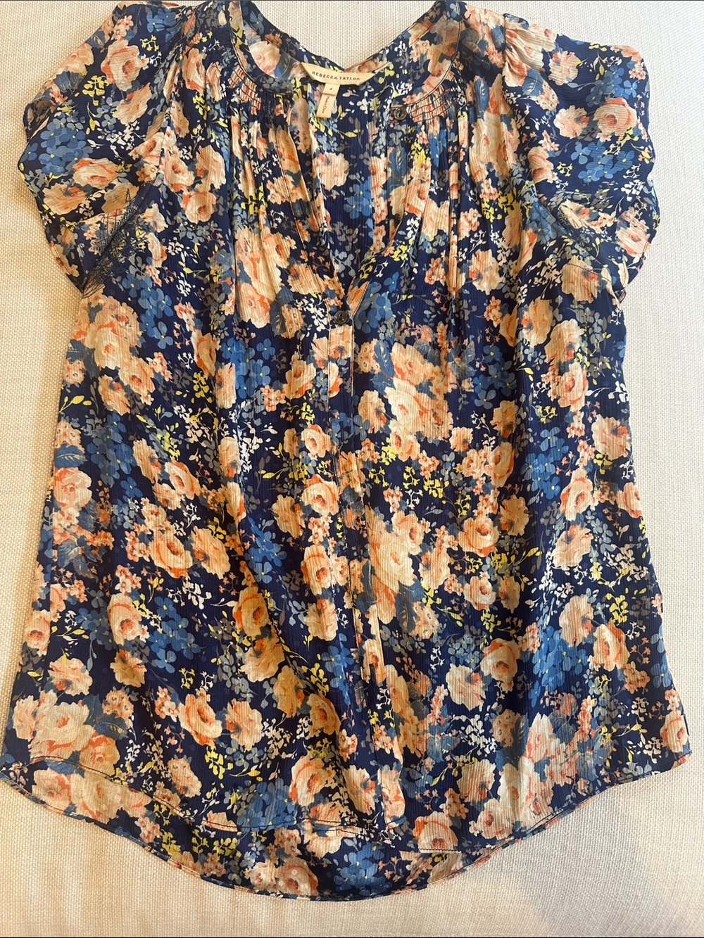 Rebecca Taylor Navy Floral Short-Sleeve Silk Blouse with Peach & Blue Flowers